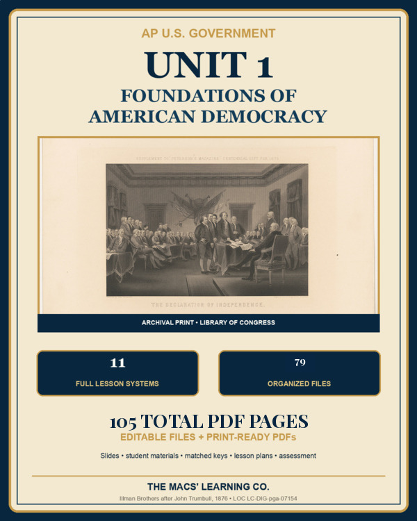 AP U.S. Government Unit 1 Curriculum | 11 Lessons + Assessment & Answer Keys cover