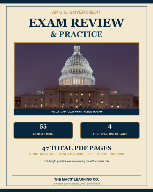 AP US Government Exam Review and Practice | 55 MCQ + 4 FRQ + Unit Reviews cover
