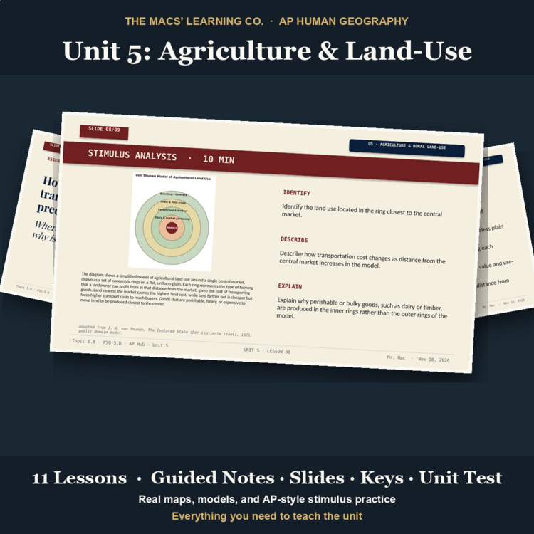 AP Human Geography Unit 5: Agriculture & Rural Land-Use | 11 Lessons + Test cover