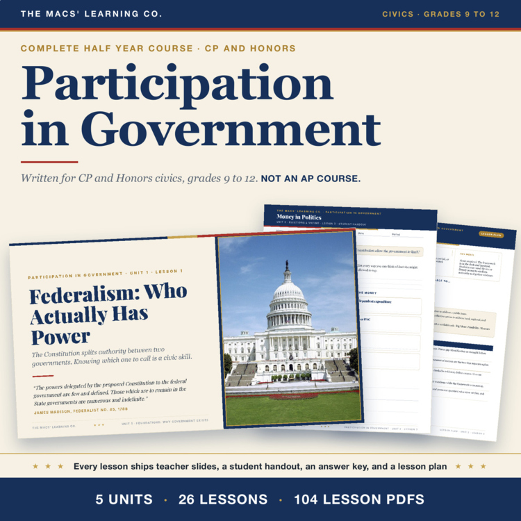 Participation in Government Curriculum | 5 Units, 26 Lessons | CP Honors Civics cover