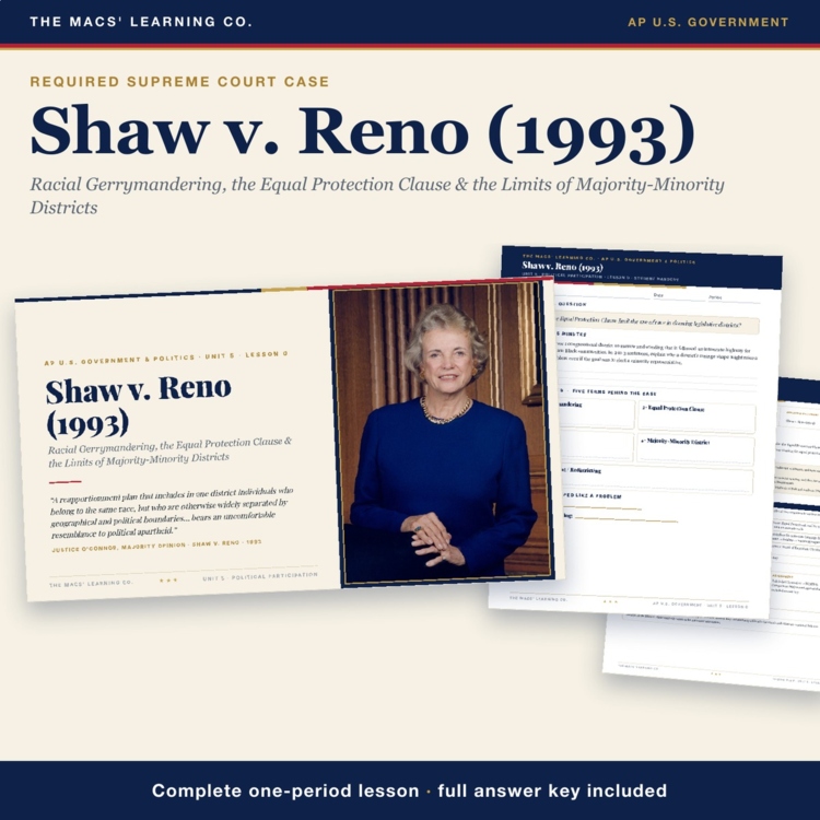 AP Government Shaw v Reno Lesson | Racial Gerrymandering + Answer Key cover