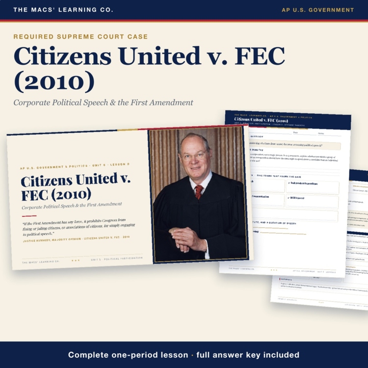 AP Government Citizens United v FEC Lesson | Campaign Finance + Answer Key cover