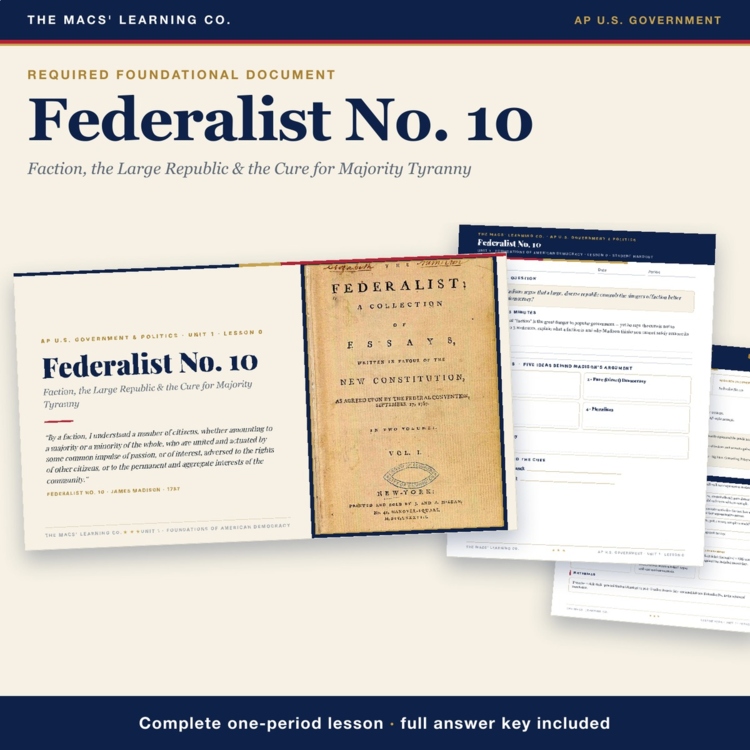 AP Government Federalist 10 Lesson | Factions & Majority Tyranny + Answer Key cover
