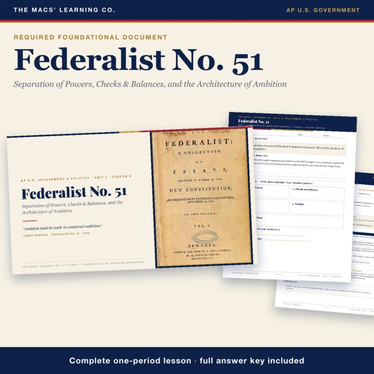 AP Government Federalist 51 Lesson | Checks & Balances + Answer Key cover