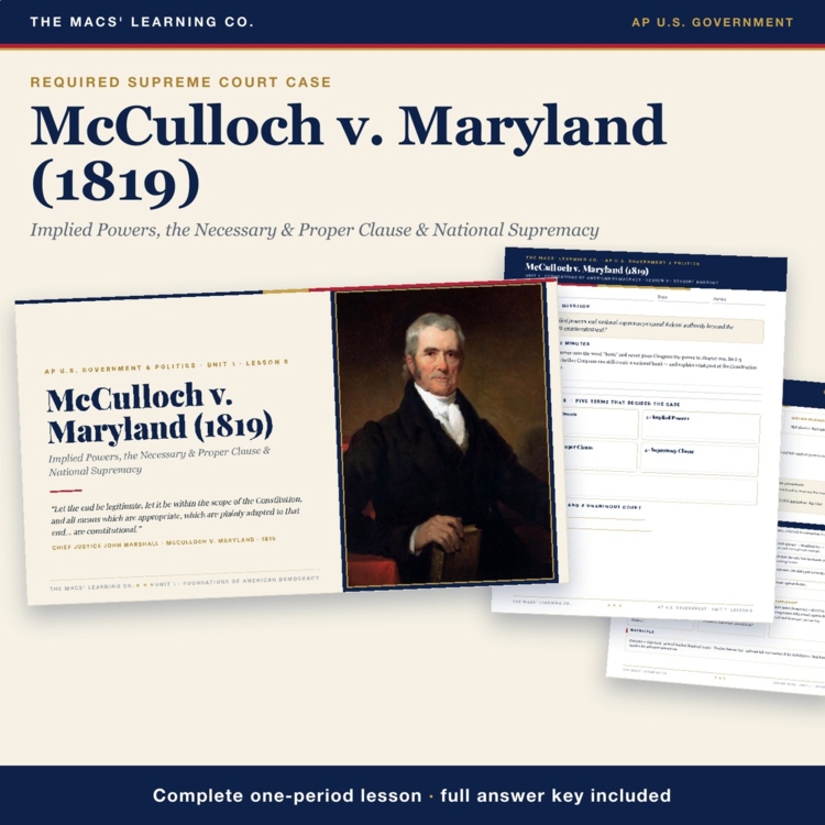 AP Government McCulloch v. Maryland Lesson | Implied Powers + Answer Key cover