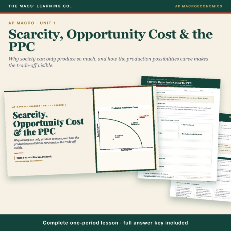 AP Macro Scarcity & Opportunity Cost Lesson | PPC Graph Practice + Answer Key cover