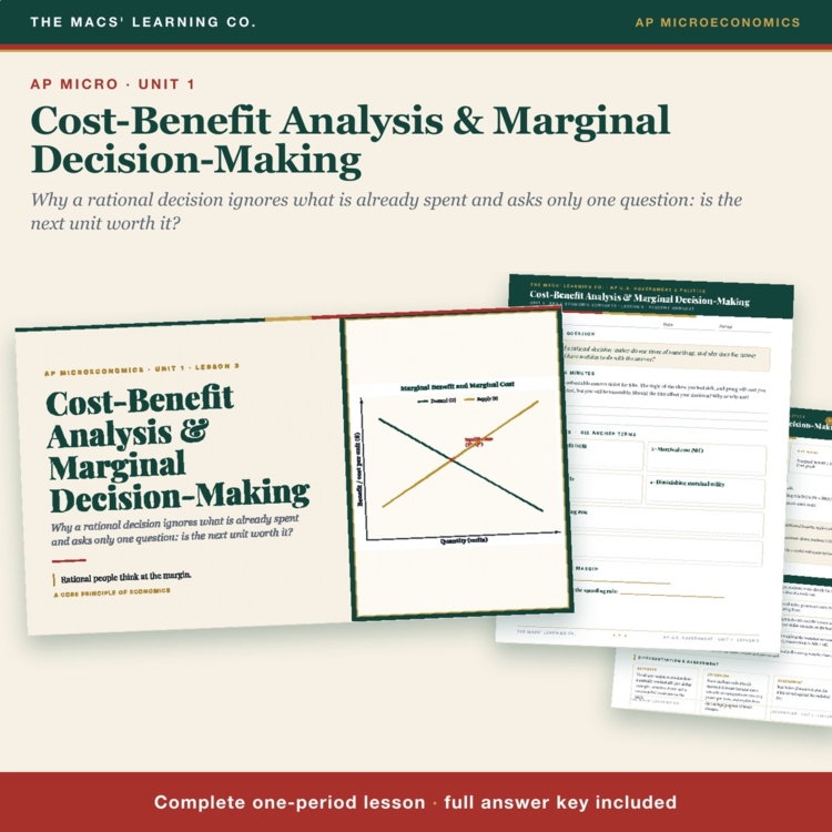 AP Micro Marginal Analysis Lesson | MB = MC + Sunk Costs + Answer Key cover