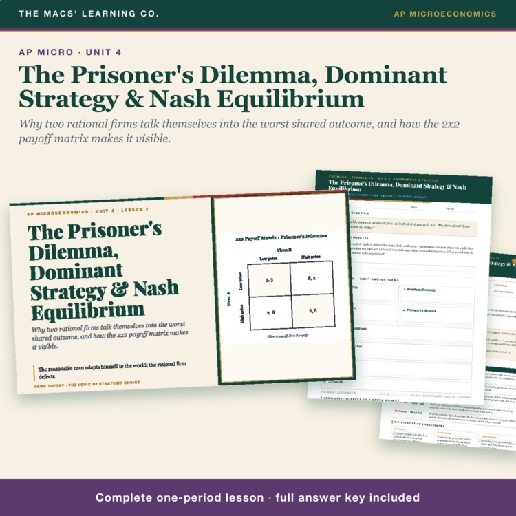 AP Micro Game Theory Lesson | Prisoner's Dilemma + Nash Equilibrium + Answer Key cover
