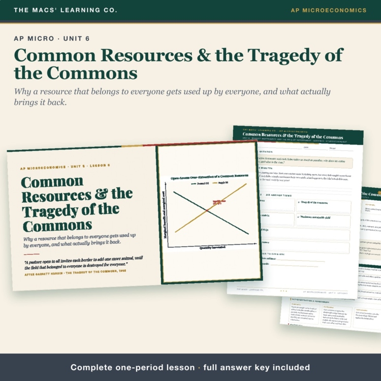 AP Micro Tragedy of the Commons Lesson | Common Resources + ITQs + Answer Key cover