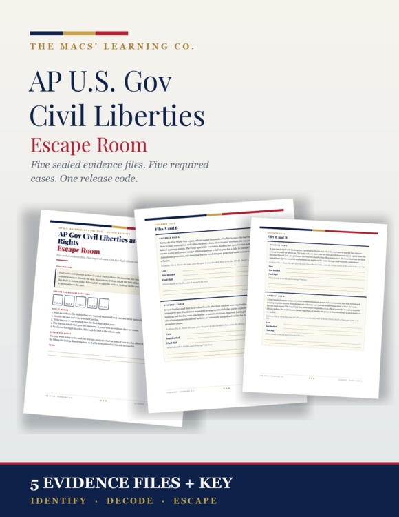 Civil Liberties Escape Room AP Gov SCOTUS Cases Bill of Rights Review Activity cover