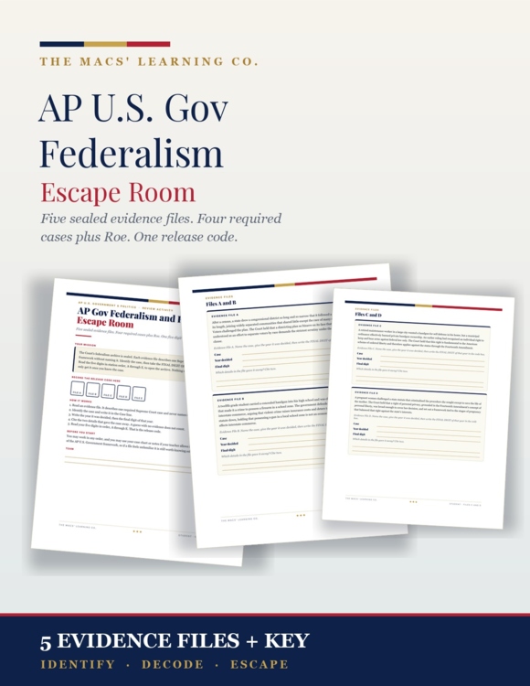 Federalism Escape Room AP Gov SCOTUS Required Cases Review Activity Test Prep cover