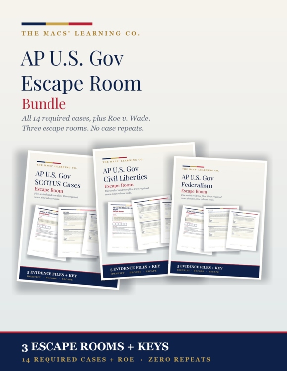 AP Gov Escape Room Bundle SCOTUS Required Cases Review Activities Test Prep cover