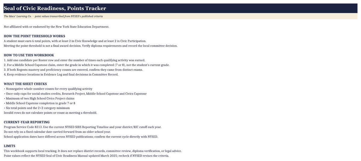 NYS Seal of Civic Readiness Points Tracker | Editable Excel + Caps Check cover
