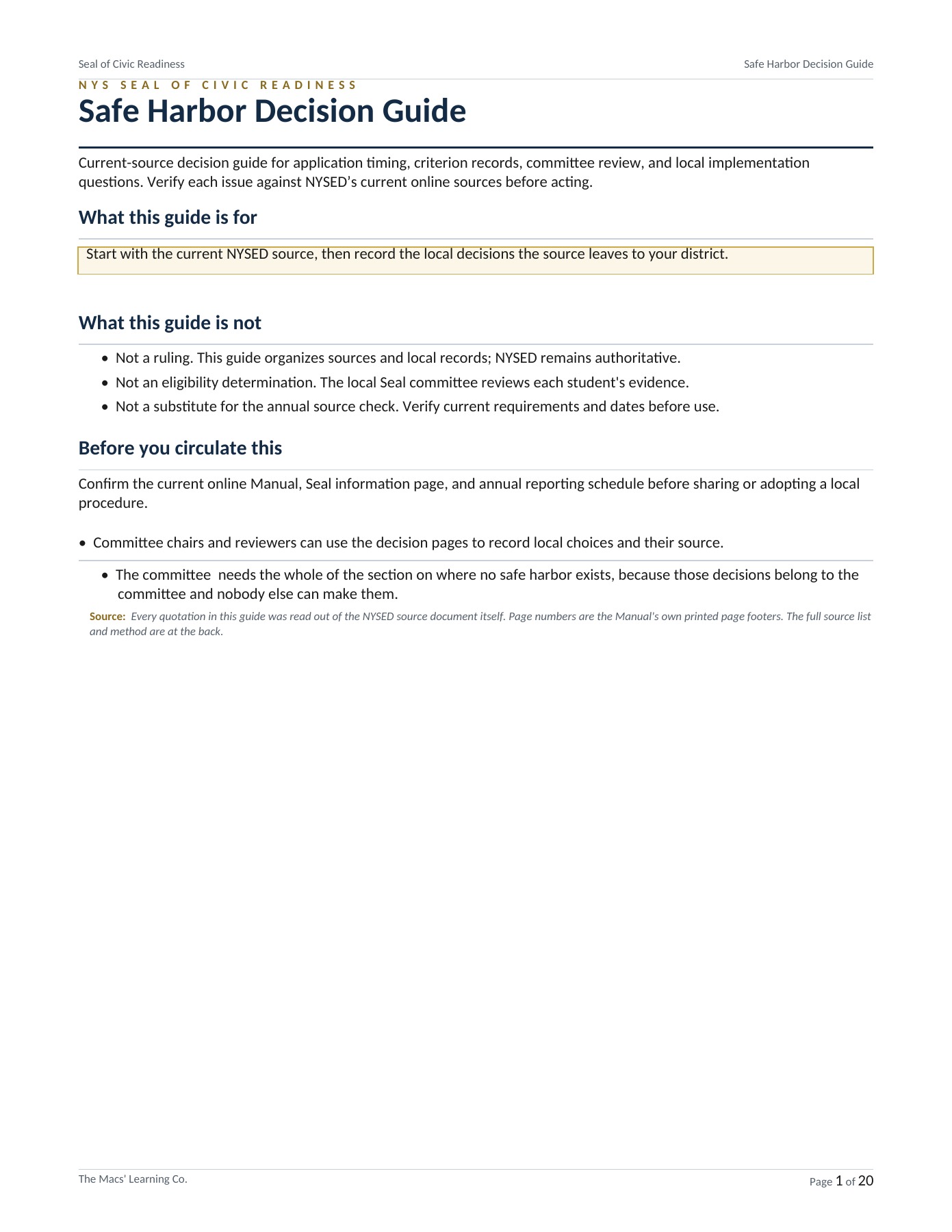 Seal of Civic Readiness Implementation Decision Guide | Current NYSED Criteria + Local Records cover
