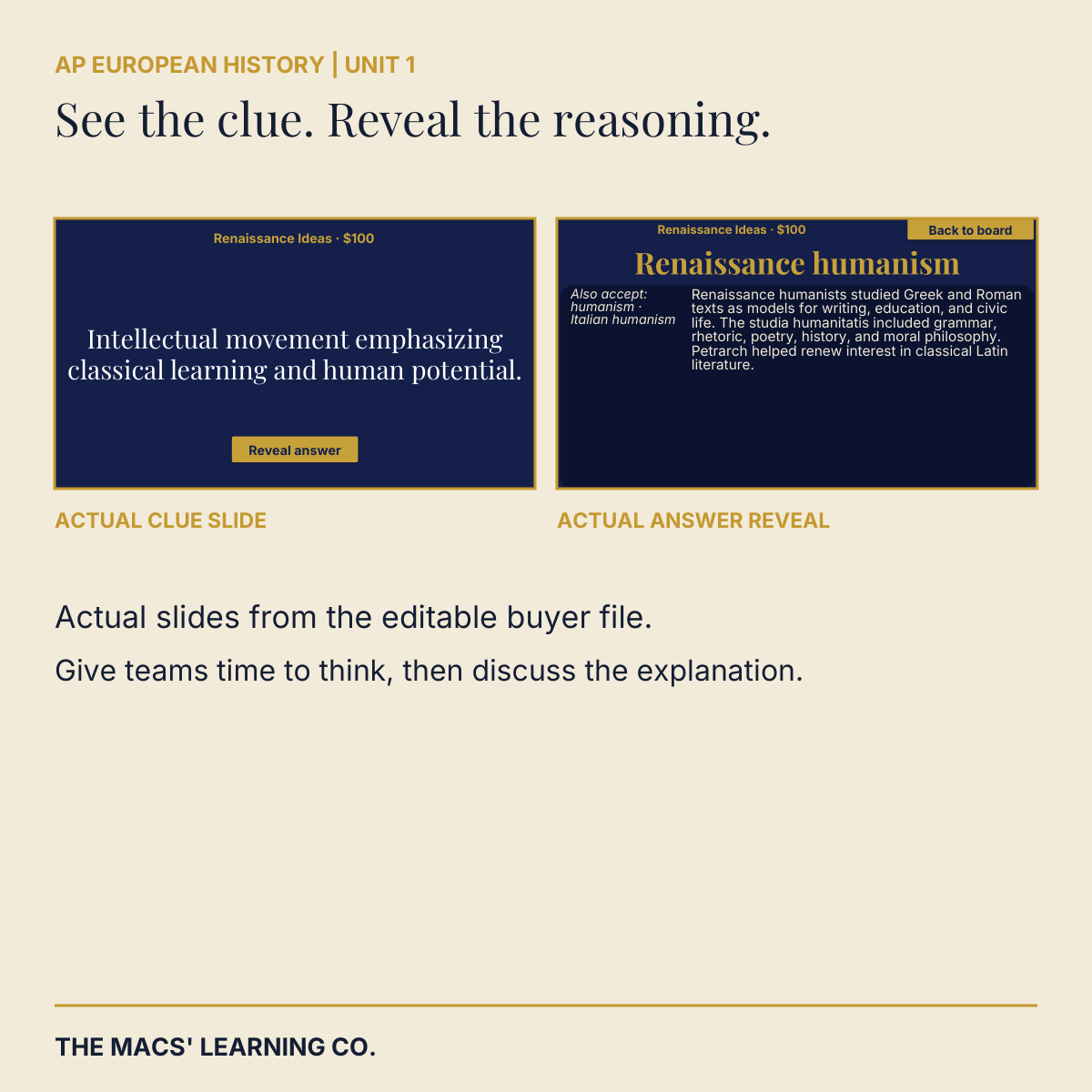 Actual AP European History clue and answer-reveal slides