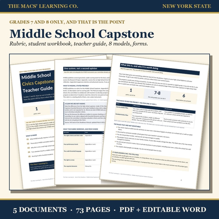 Middle School Capstone kit showing the teacher guide and interior planning pages for grades 7 and 8