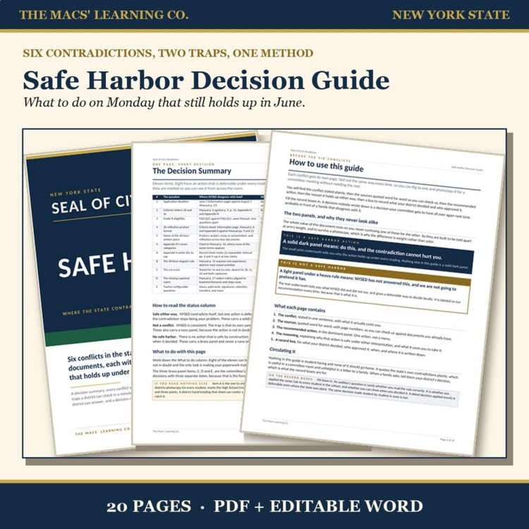 Seal of Civic Readiness Safe Harbor Guide cover showing eleven NYSED conflicts and local decisions
