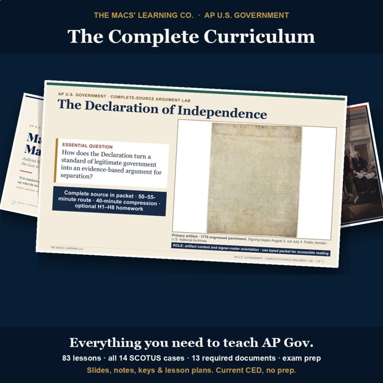 AP US Government complete curriculum cover showing an actual Declaration of Independence lesson