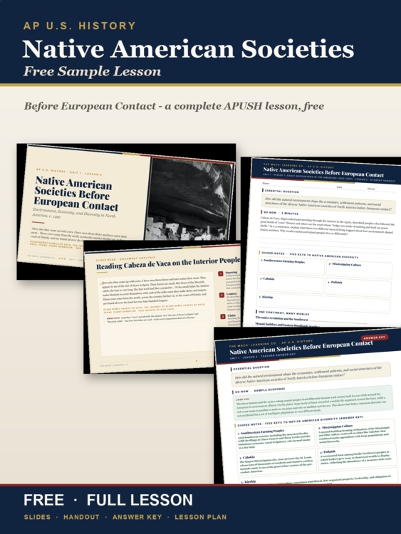 Free APUSH Native American Societies lesson cover showing the actual slides, handout, answer key, and lesson plan