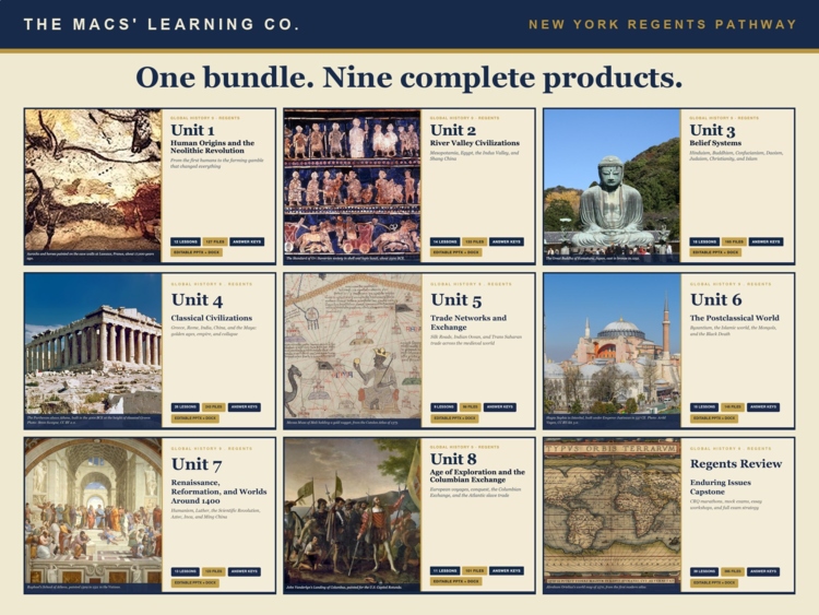 Global History 9 current product preview showing all eight units and the Regents review product
