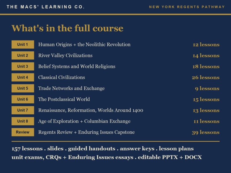Global History 9 current product preview listing the 157-lesson course sequence