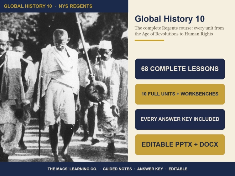 Global History 10 full-year curriculum cover showing Mahatma Gandhi and the 68-lesson course structure