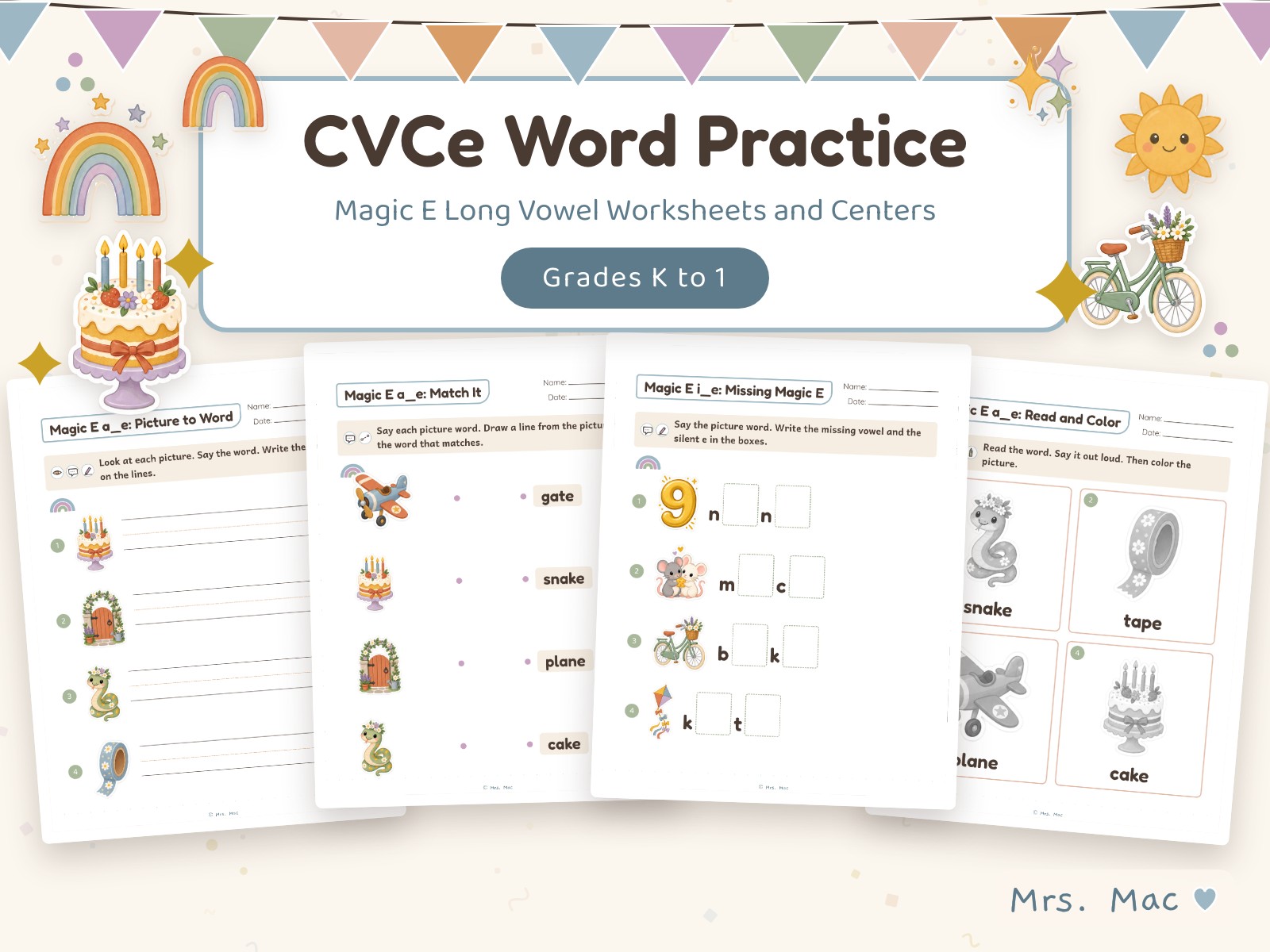 Mrs. Mac CVCe magic e worksheets and centers cover