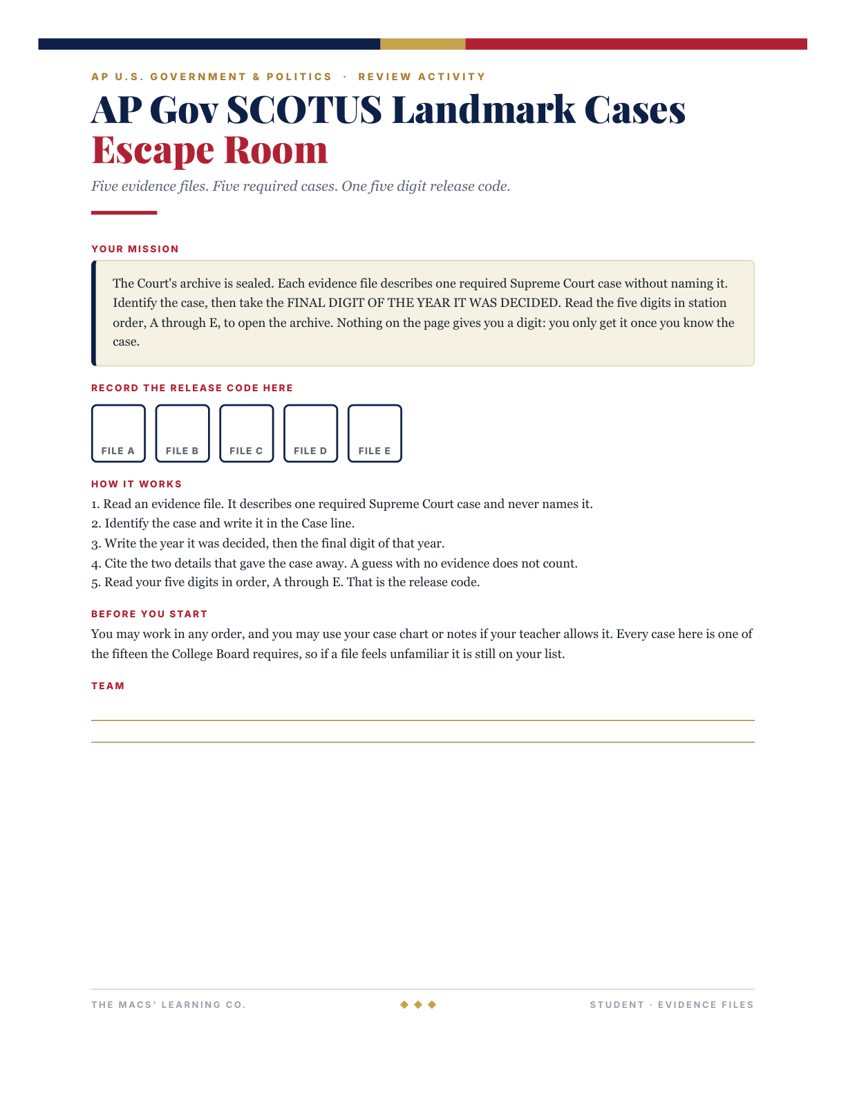 AP Gov SCOTUS Landmark Cases Escape Room: Student Evidence Files, page 1 (mission and student instructions).
