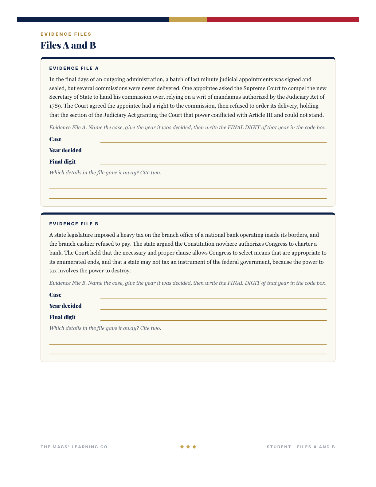 AP Gov SCOTUS Landmark Cases Escape Room: Student Evidence Files, page 2 (evidence files A and B with blank response fields).