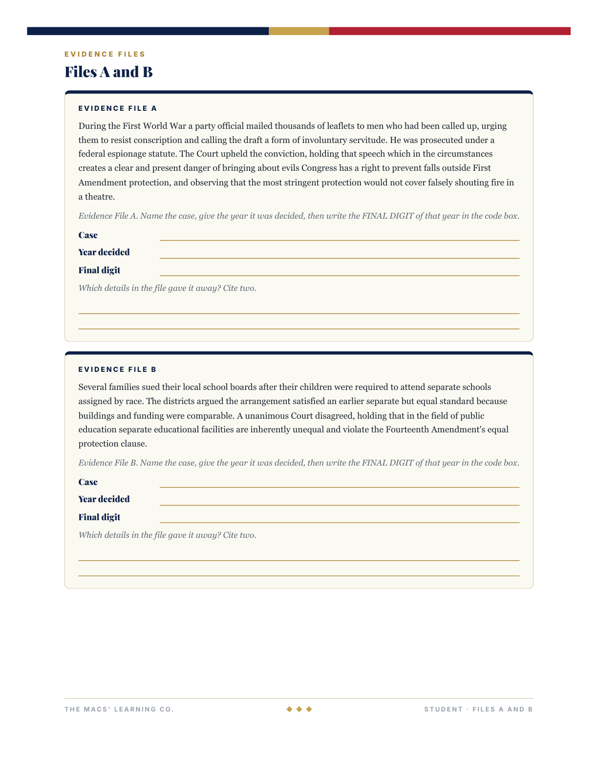 AP Gov Civil Liberties and Civil Rights Escape Room: Student Evidence Files, page 2 (evidence files A and B with blank response fields).