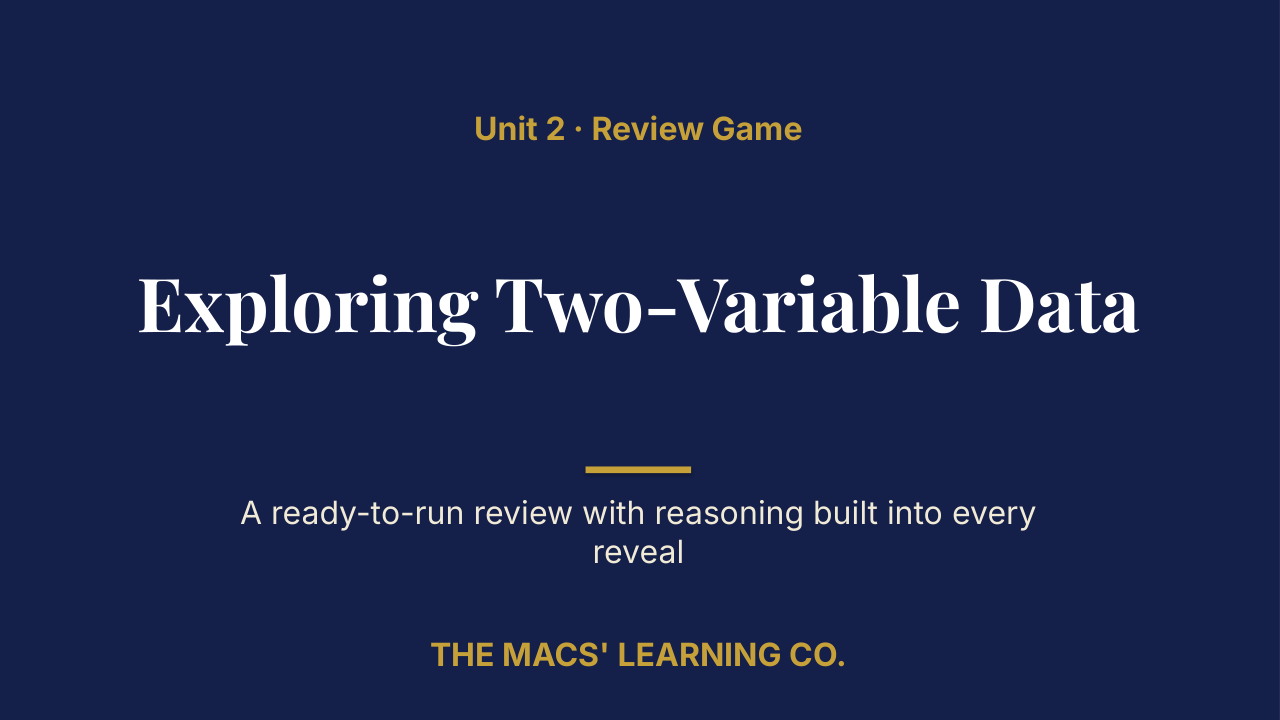 AP Statistics Unit 2: Exploring Two-Variable Data Review | Editable PowerPoint: original title sample, PDF page 1.