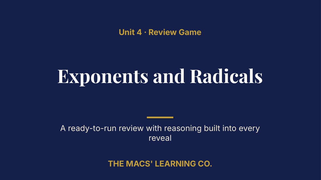 Algebra I Unit 4: Exponents and Radicals Review | Editable PowerPoint: original title sample, PDF page 1.