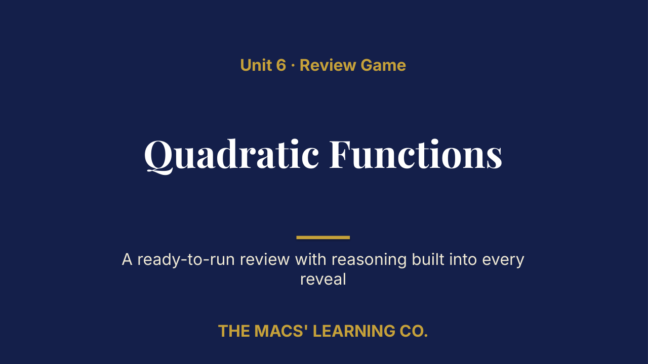 Algebra I Unit 6: Quadratic Functions Review | Editable PowerPoint: original title sample, PDF page 1.