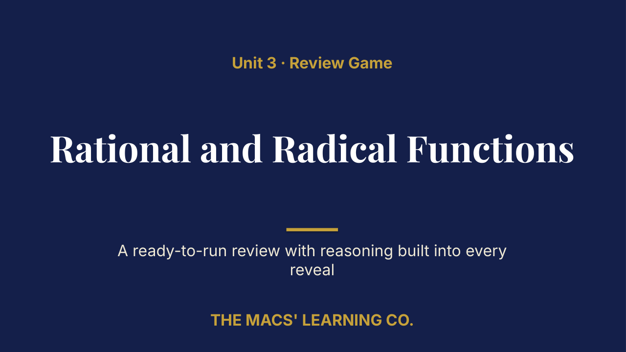 Algebra II Unit 3: Rational and Radical Functions Review | Editable PowerPoint: original title sample, PDF page 1.
