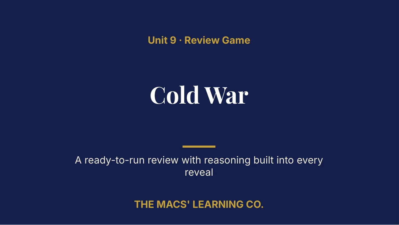 Grade 11 U.S. History Unit 9: Cold War Review | Editable PowerPoint: original title sample, PDF page 1.