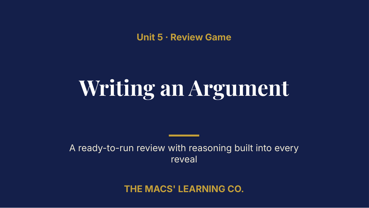 Grade 12 ELA Unit 5: Writing an Argument Review | Editable PowerPoint: original title sample, PDF page 1.
