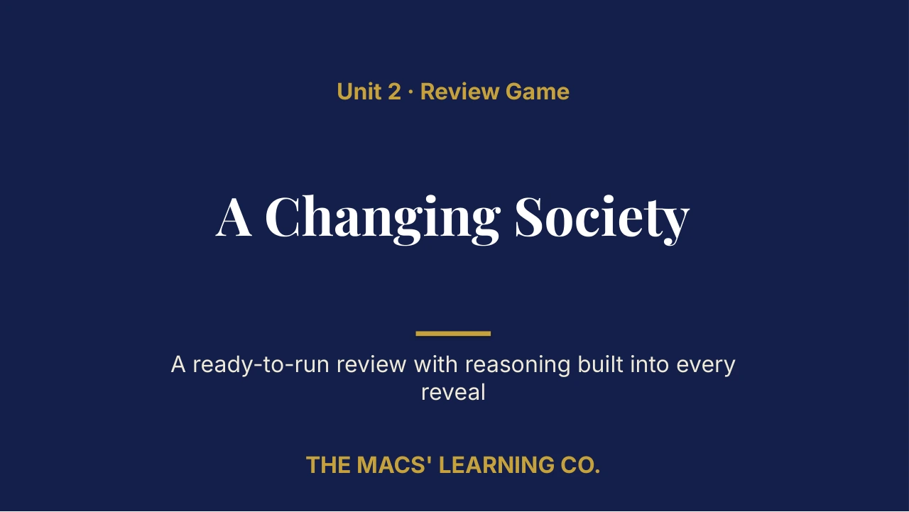 Grade 8 U.S. History II Unit 2: A Changing Society Review | Editable PowerPoint: original title sample, PDF page 1.