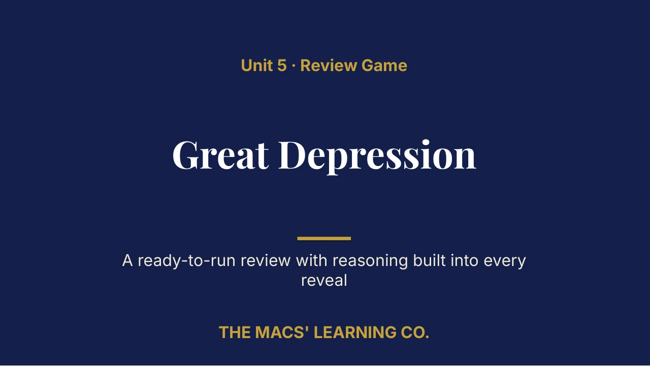Grade 8 U.S. History II Unit 5: Great Depression Review | Editable PowerPoint: original title sample, PDF page 1.